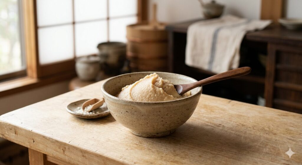 白味噌の淡い色と滑らかな質感を表した発酵食品の写真
