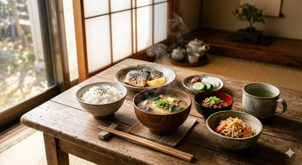 味噌汁を中心にした温かみのある和朝食の風景