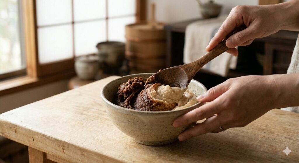 赤味噌と白味噌を混ぜ合わせている合わせ味噌の様子