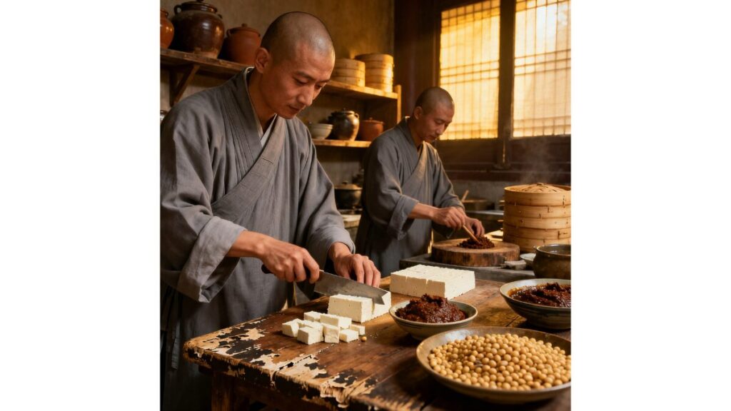 仏教寺院の厨房で僧侶が豆腐と大豆、発酵醤を使って菜食料理を調理している様子。