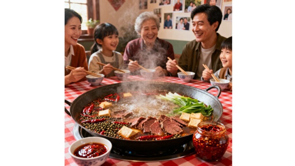 四川風の火鍋を囲む家族と、自家製の発酵醤。地域に根付く醤文化を象徴する食卓風景。