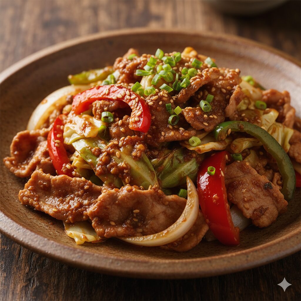 「味噌だれで炒めた豚肉と野菜の炒め物」