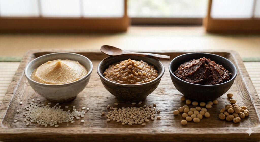 米味噌・麦味噌・豆味噌を並べた比較イメージ