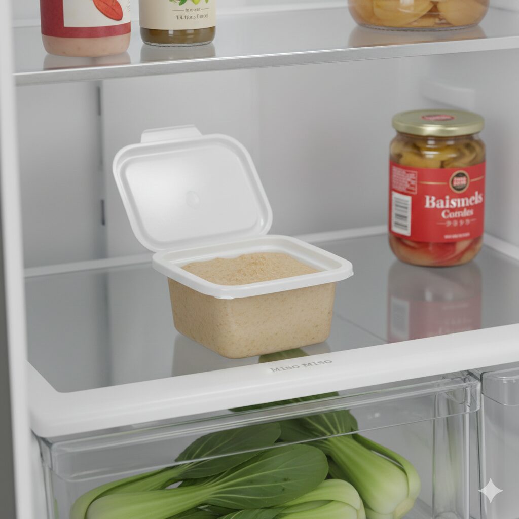 「冷蔵庫の中に保存された味噌の容器。周囲には調味料や野菜が並ぶ」