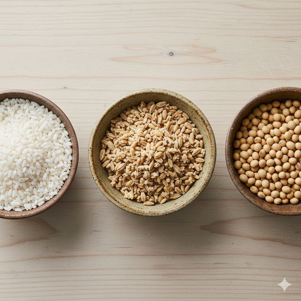 「白米・麦・大豆を並べた写真。味噌の原料の違いを示す」