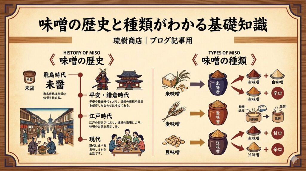 味噌の歴史と種類がわかる基礎知識を紹介するインフォグラフィック。左側に飛鳥から江戸、現代への年表、右側に米味噌、麦味噌、豆味噌や赤味噌、白味噌の種類、原料、色の違いを和風デザインでまとめています。