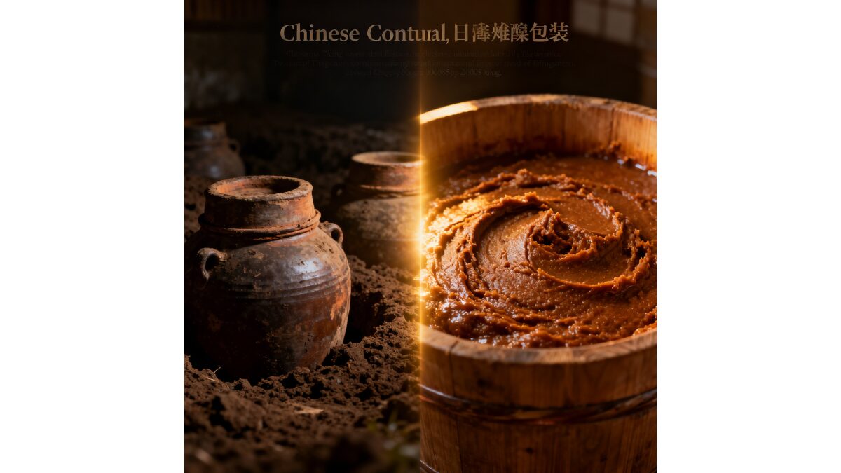古代中国の発酵壺と木桶に仕込まれた味噌を対比した構図。醤から味噌へと続く発酵文化の進化を象徴するイメージ。