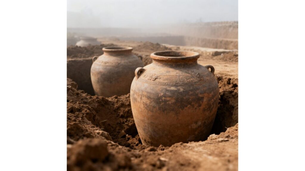 殷代後期を想起させる地中に埋められた発酵用の陶器壺。古代中国における醤の保存と発酵文化を象徴するイメージ。