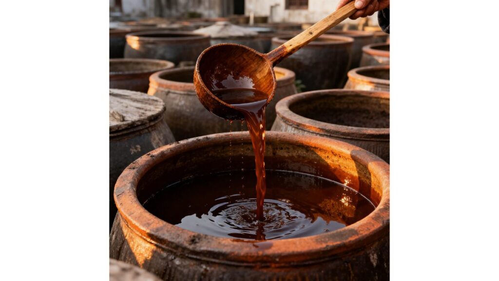 陶器の発酵壺から醤油をすくい上げる伝統的製法の様子。ペースト状醤から液体醤油への発展を象徴する場面。