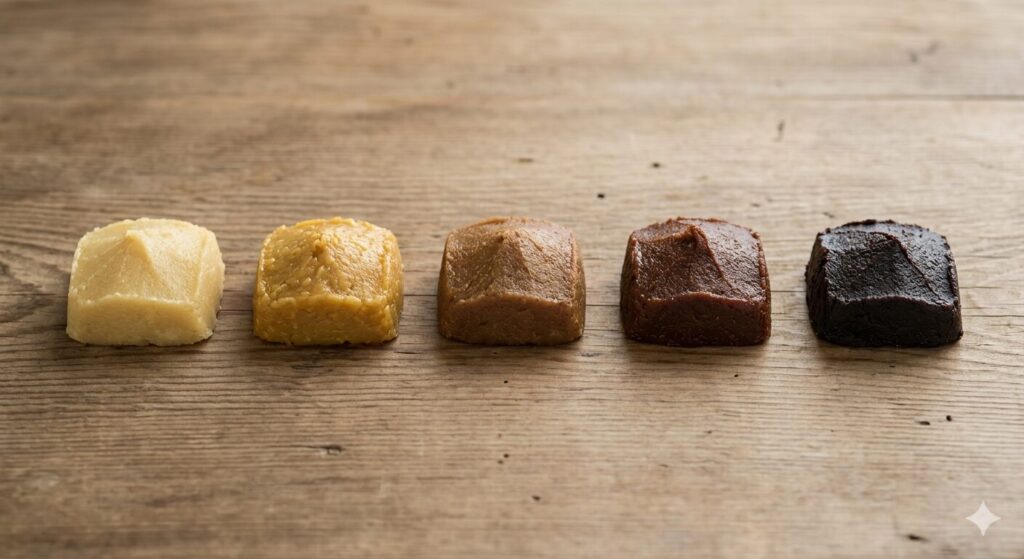 味噌の色が淡色から濃色へ変化する様子