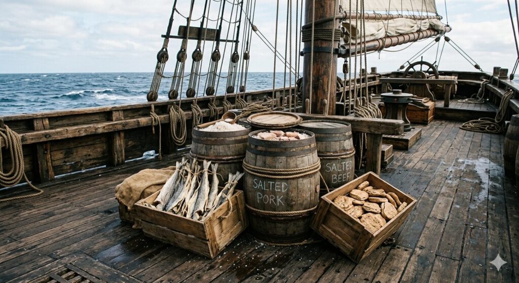 大航海時代の保存食である塩漬け肉や乾パンが並ぶ船上の様子です