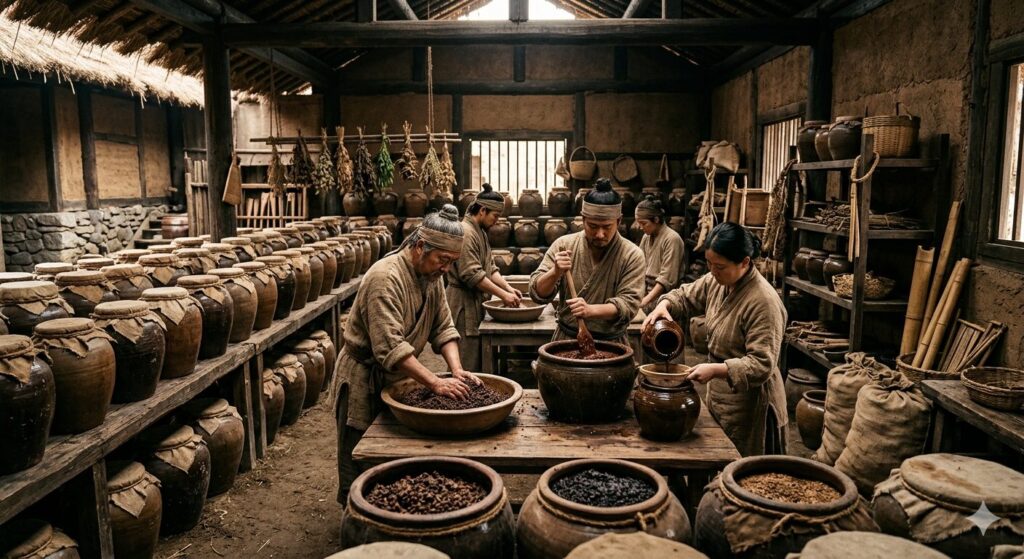 古代中国で大豆や穀物を用いた発酵調味料が作られている様子