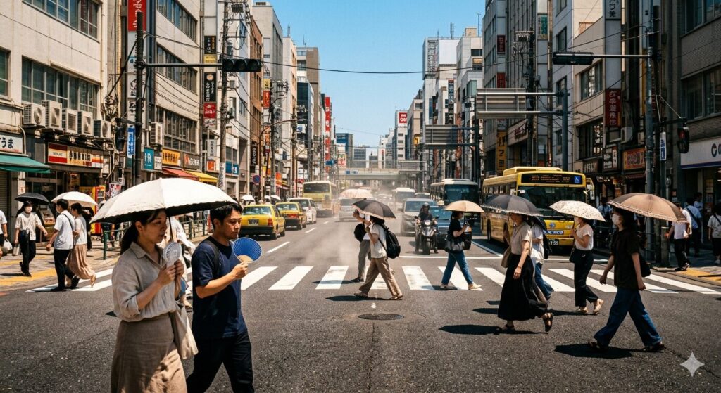 2026年の猛暑を思わせる強い日差しの中、日本の街を歩く人々の様子です。夏バテ対策や熱中症予防の重要性を表しています。
