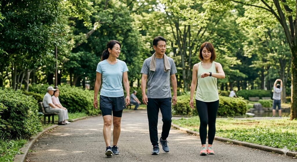 夏の公園でウォーキングを行う人々の様子です。暑熱順化による暑さへの適応をイメージした写真です。