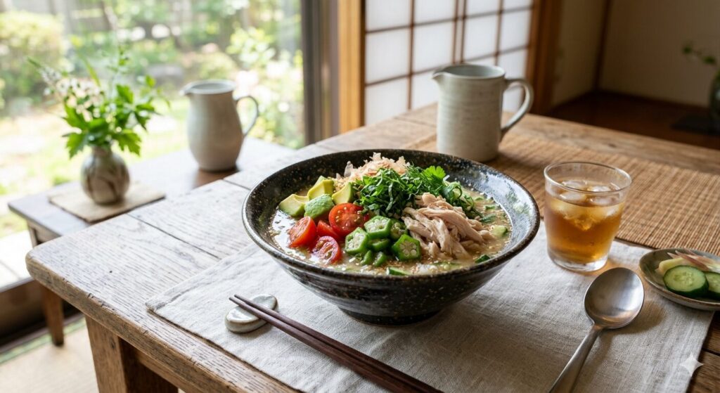 アボカドやトマト、オクラを加えた現代風の冷や汁です。栄養バランスを高めた夏向けのアレンジ料理です。