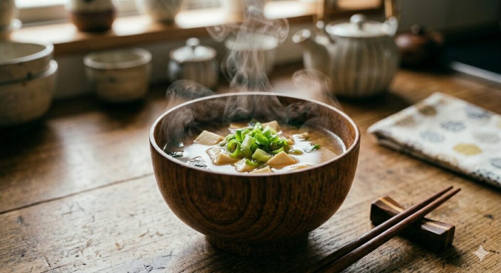 湯気が立つ味噌汁から香りを感じる様子