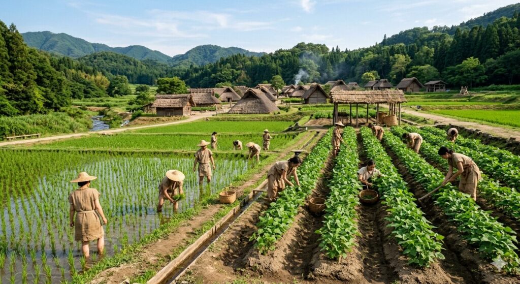弥生時代の日本で大豆と稲が栽培されている農耕風景です