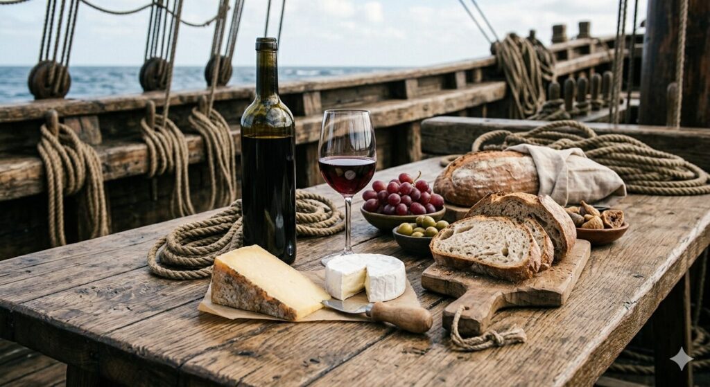 ヨーロッパの発酵食品であるチーズとワインが並んでいる様子です