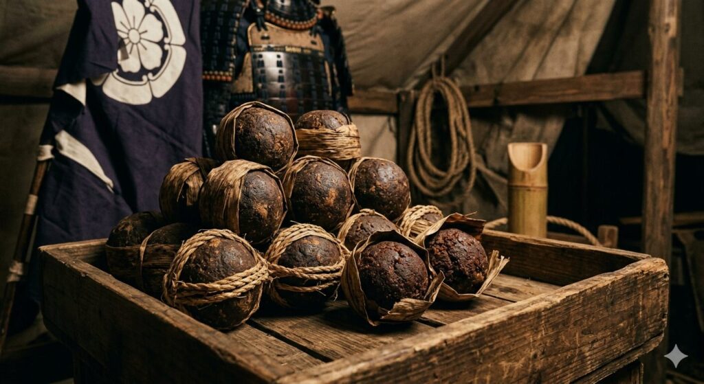 戦国時代の武将が携帯した味噌玉のイメージ画像、芋がらや藁で包まれている