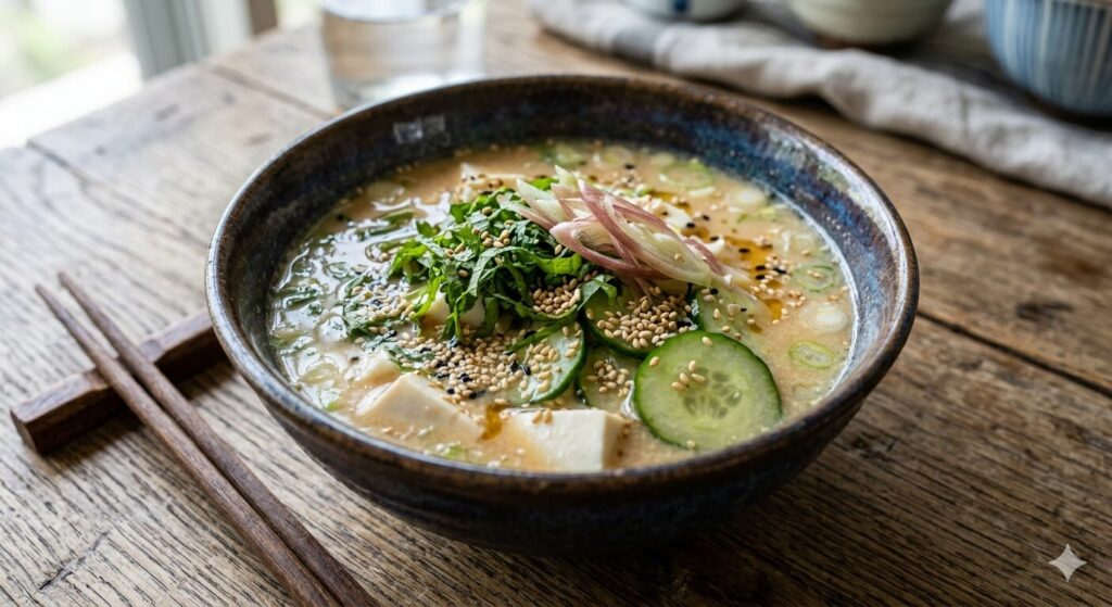 きゅうりや大葉、みょうがを添えた冷や汁です。夏バテ対策に役立つ伝統的な味噌料理を表しています。