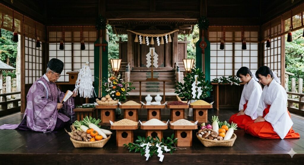 大豆を含む五穀が祭祀の供物として供えられている様子です