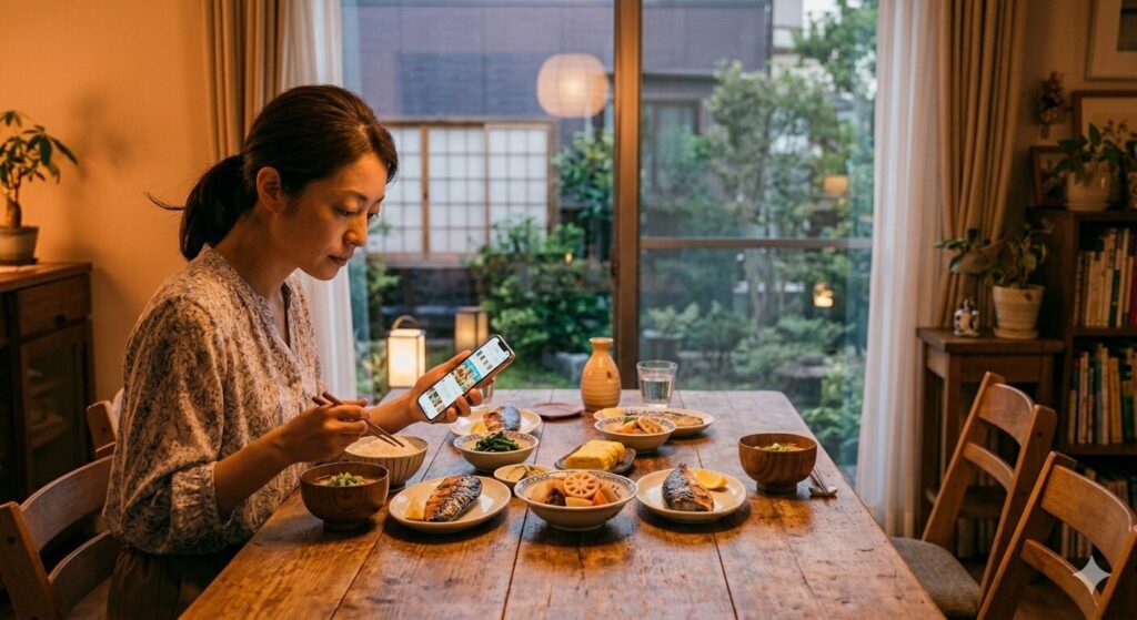 スマートフォンを見ながら食事をする様子