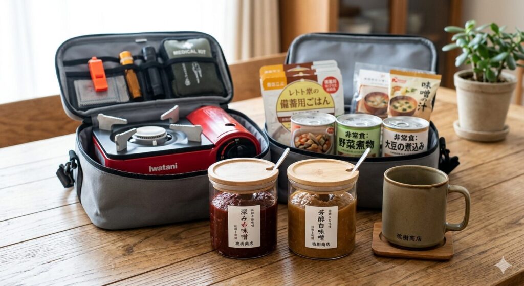 現代の防災グッズの中に味噌の瓶が置かれているイメージ画像