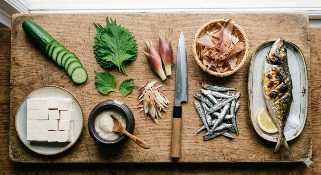 冷や汁作りに使用するアジ、味噌、きゅうり、大葉、みょうが、豆腐などの材料です。基本レシピの食材を紹介しています。