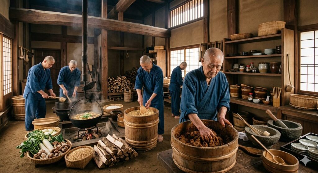 寺院で僧侶が精進料理と味噌づくりに関わっている様子です