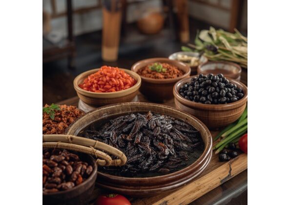 木製の調理台に並べられた黒豆、唐辛子、香辛料、トマト、ネギなどの食材。古代中国の発酵調味料「醤」の素材を想起させる伝統的な食文化の一場面。