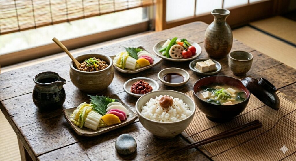 味噌汁を中心とした発酵食品を取り入れた食事の様子です