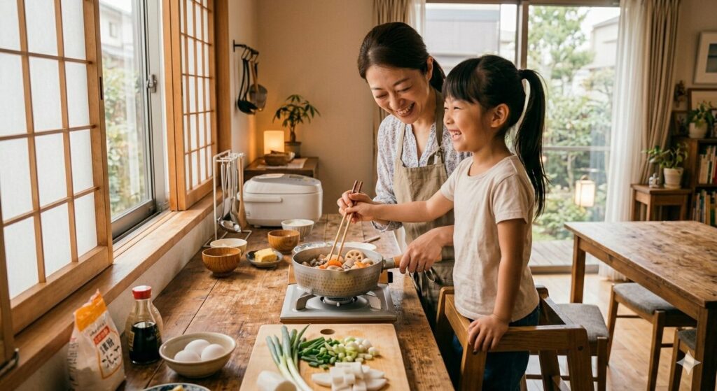 親子で料理をしながら楽しい時間を過ごす様子