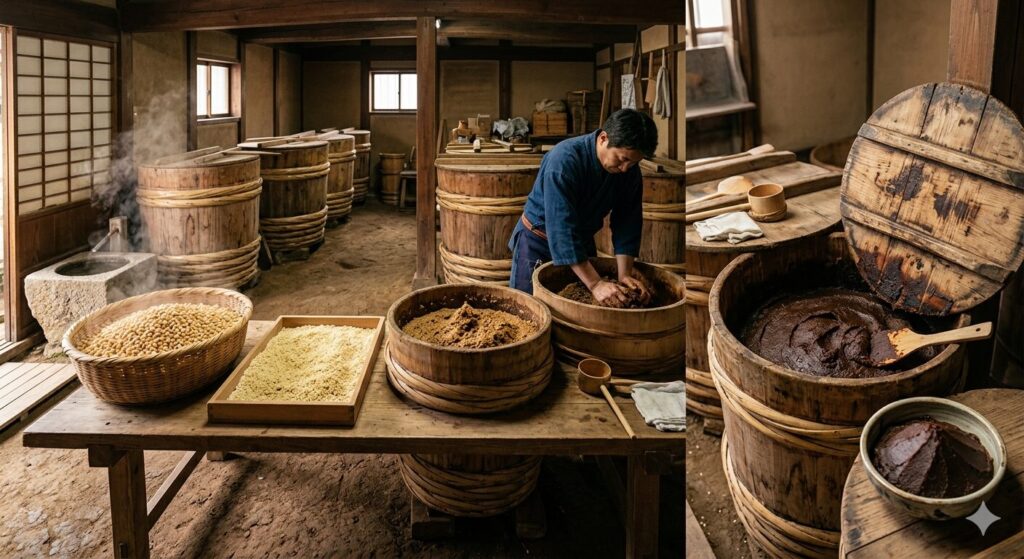 大豆・麹・木桶を用いた伝統的な味噌づくりの様子です