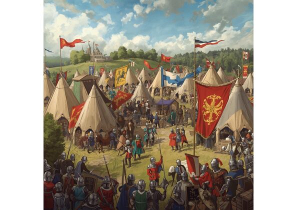 中世の軍事キャンプに集う騎士や兵士たち。円錐形のテントが並び、旗や武具を携えた兵たちが行き交う。背景には丘の上の城が見える。
