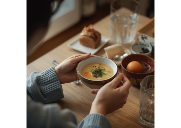 朝食の食卓で味噌汁を手に持つ人物。温かい味噌汁を中心に、卵や副菜が並ぶバランスの取れた和朝食の風景。