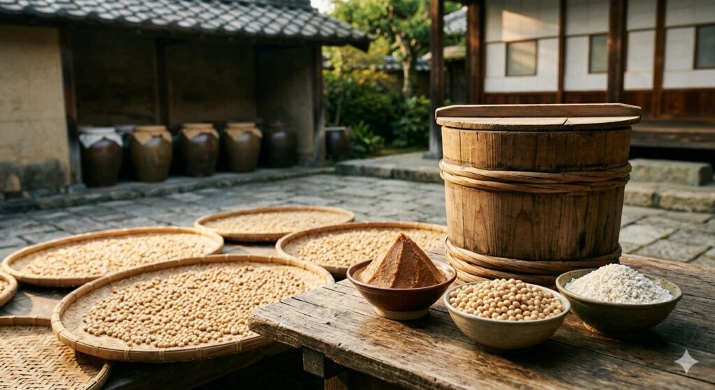 大豆や麹、木桶の味噌と古代中国の発酵甕を配置し、味噌の起源と発酵文化の伝播を表現したイメージです。