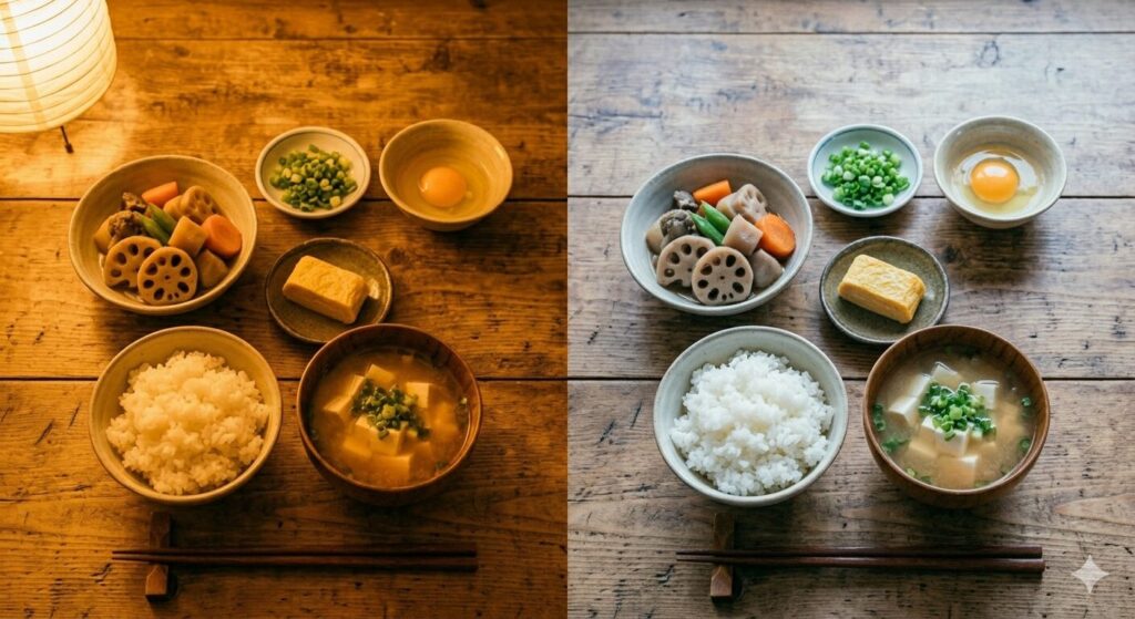 照明の違いによって食事の印象が変わる比較シーン