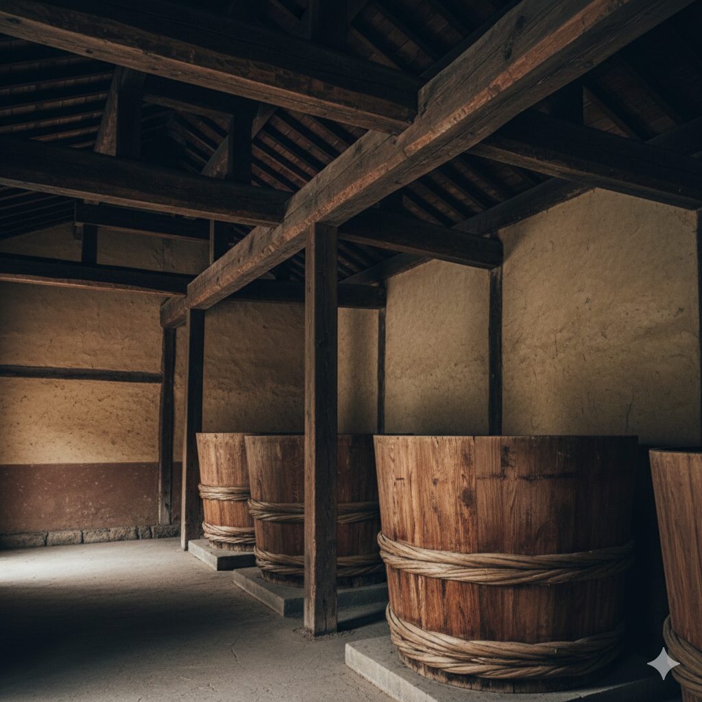 木造の蔵の内部に並ぶ大きな味噌樽。縄で締められた木桶が整然と配置され、江戸時代の備荒倉を思わせる伝統的な保存環境が表現されている。