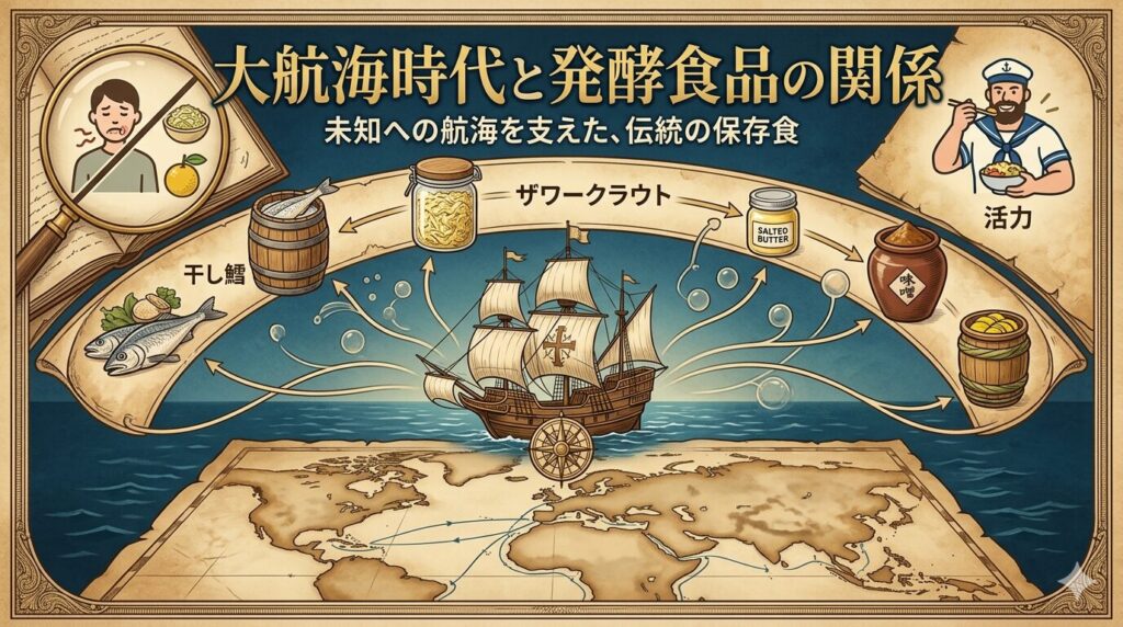 古地図風の背景をベースに、大航海時代の帆船が世界地図を航海しているイラスト。船の上には「大航海時代と発酵食品の関係」というタイトルが記され、その周囲を干し鱈、ザワークラウト、味噌などの発酵食品のアイコンが囲んでいます。左側には壊血病を予防できることを示すイラスト、右側には元気な船員が描かれ、発酵食品が航海を支えたことを視覚的に伝えています。