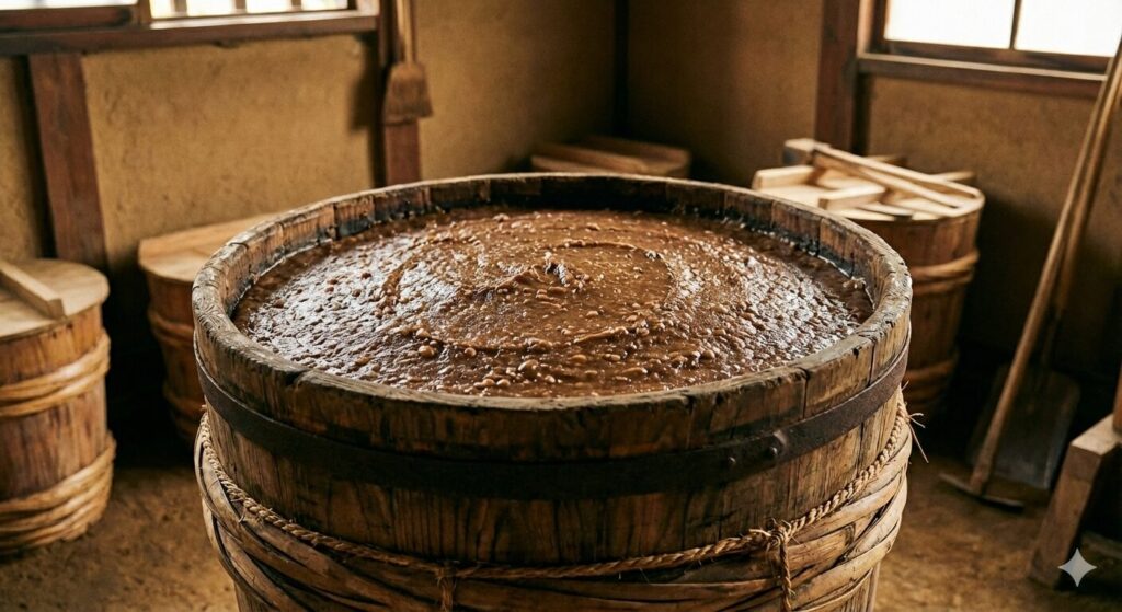 木桶に仕込まれた味噌が静かに熟成している様子。江戸時代の飢饉に備えた保存食としての味噌の姿を伝える。