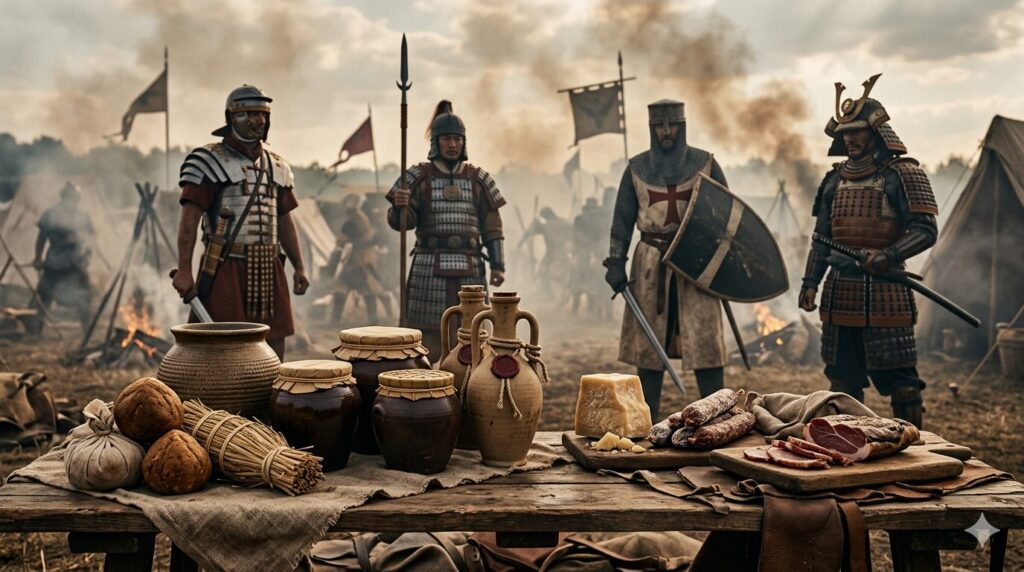 味噌玉やガルム、醤、チーズなどの発酵保存食と、古代ローマ兵・中世兵士・戦国武士の姿を重ねた、発酵技術と軍事食の歴史を表現したヘッダー画像。