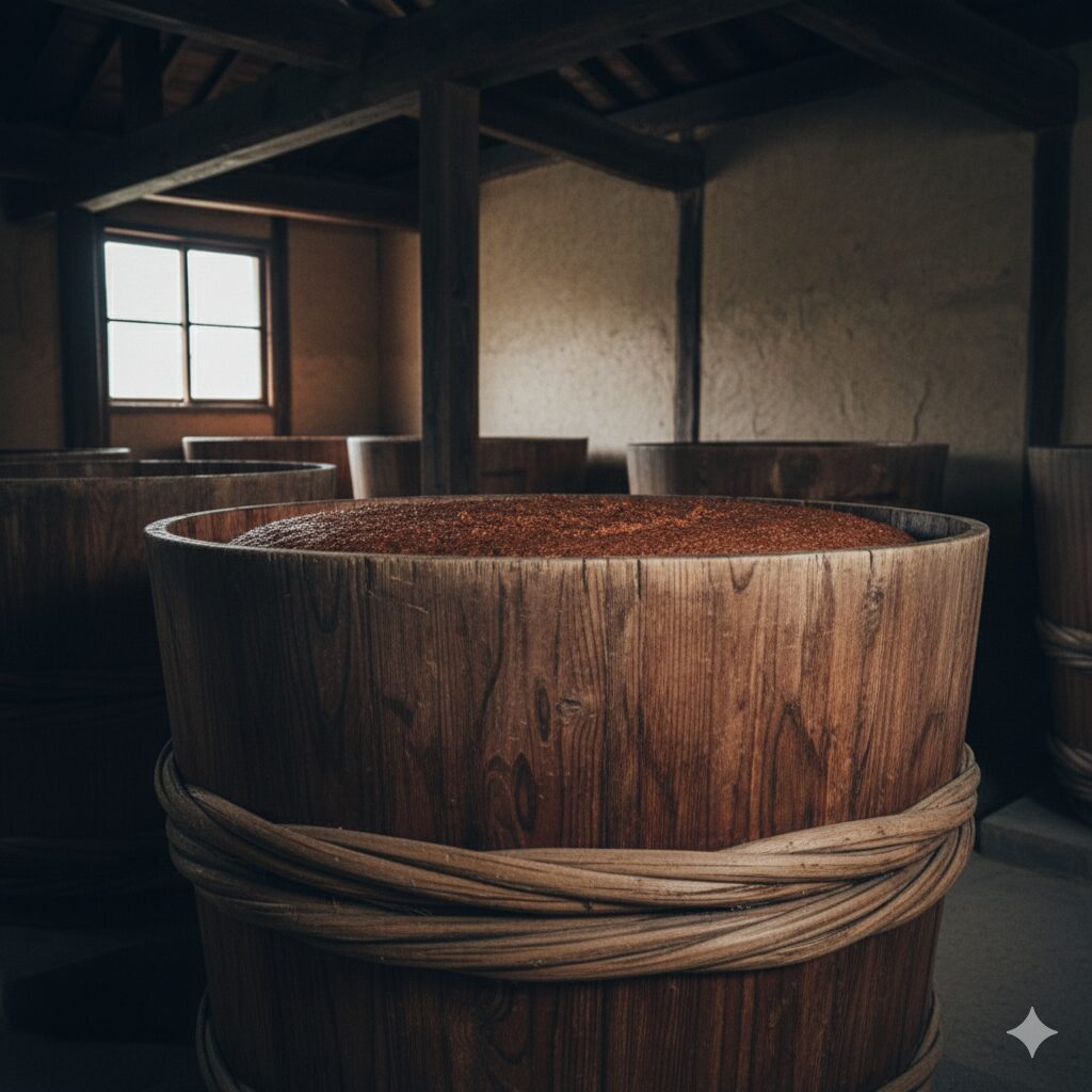 木造の蔵の中に並ぶ仙台味噌の木桶。縄で締められた大樽に赤褐色の味噌が仕込まれ、自然光が差し込む伝統的な発酵空間が広がる。