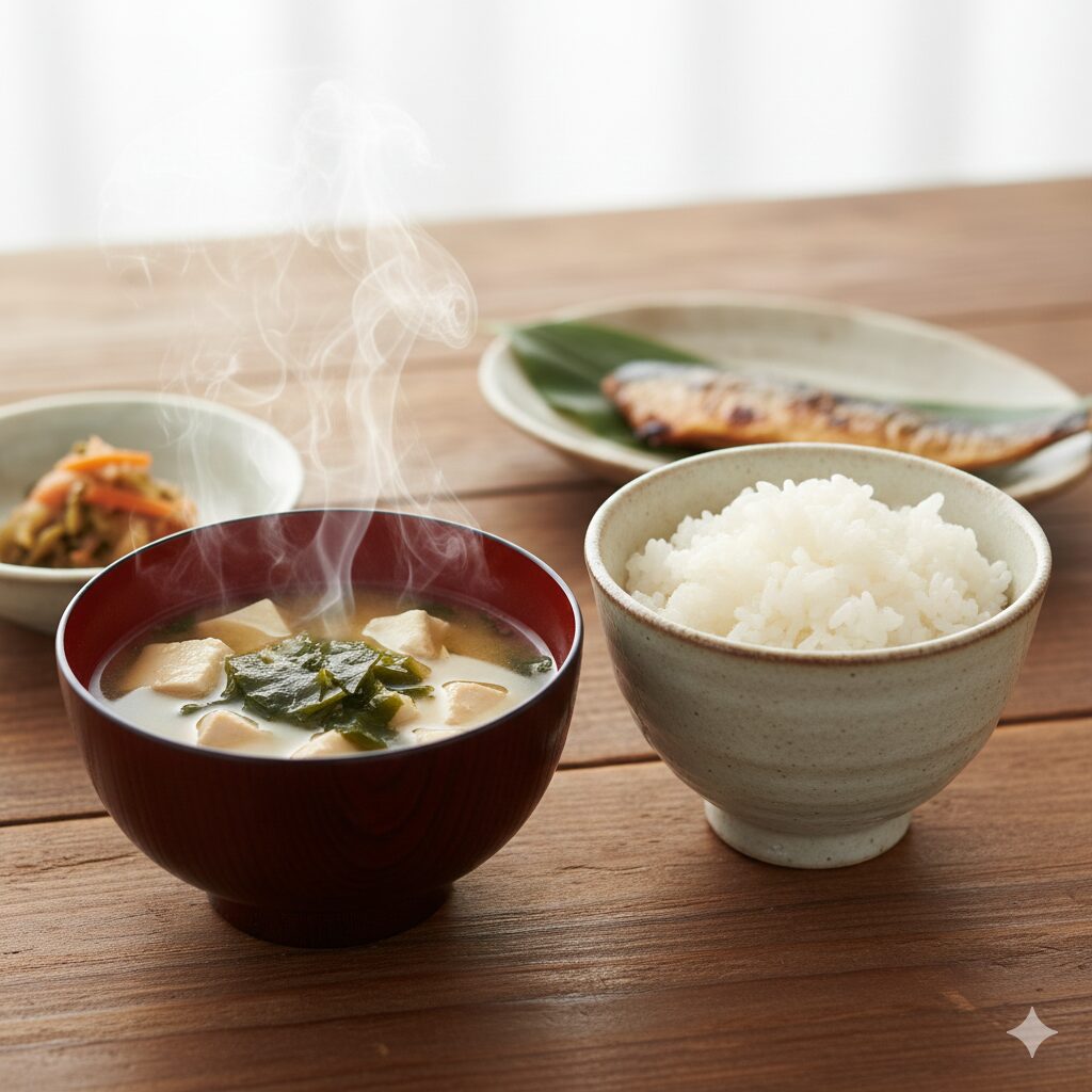 湯気の立つ味噌汁と白ご飯、焼き魚、小鉢が並ぶ和食の朝食。飢饉を乗り越えた味噌文化が現代に受け継がれている様子。