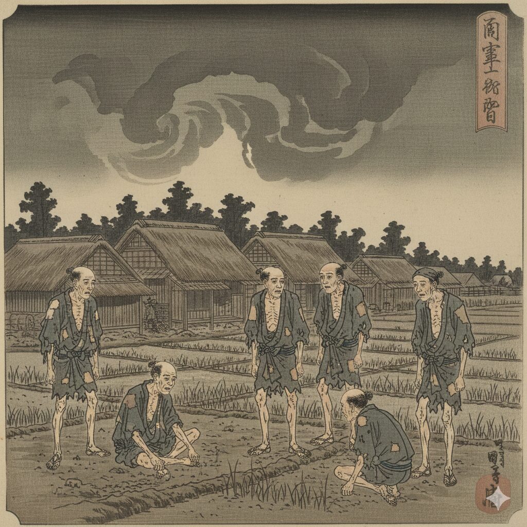 飢饉に苦しむ人々を描いた江戸時代の浮世絵風イラスト。痩せた農民たちが荒れた農村に立ち尽くし、背景には茅葺き屋根の家と不穏な空模様が広がる。