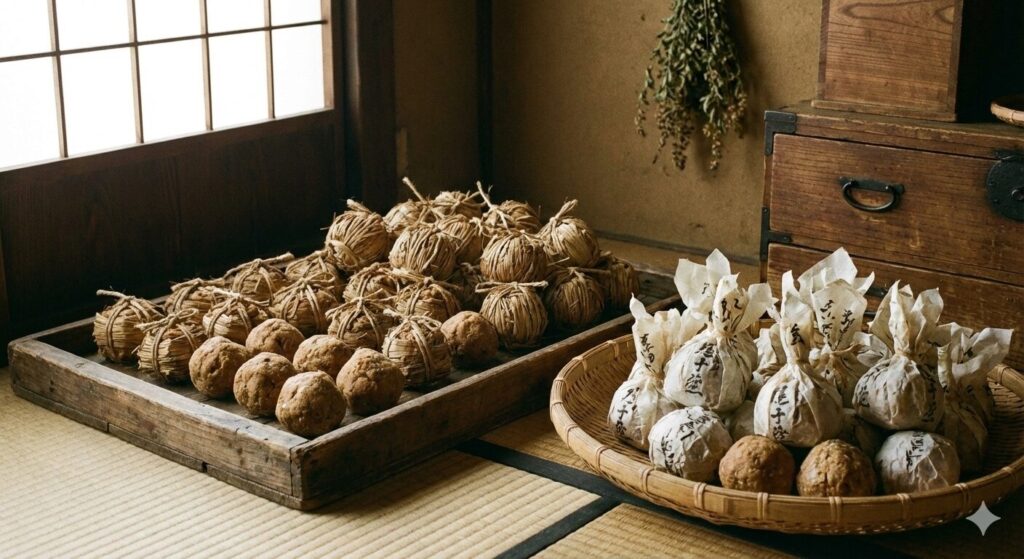 畳敷きの和室に置かれた二つの盆に、藁や和紙で包まれた味噌玉が並ぶ。江戸時代の備荒食としての味噌の保存方法を再現した伝統的な風景。