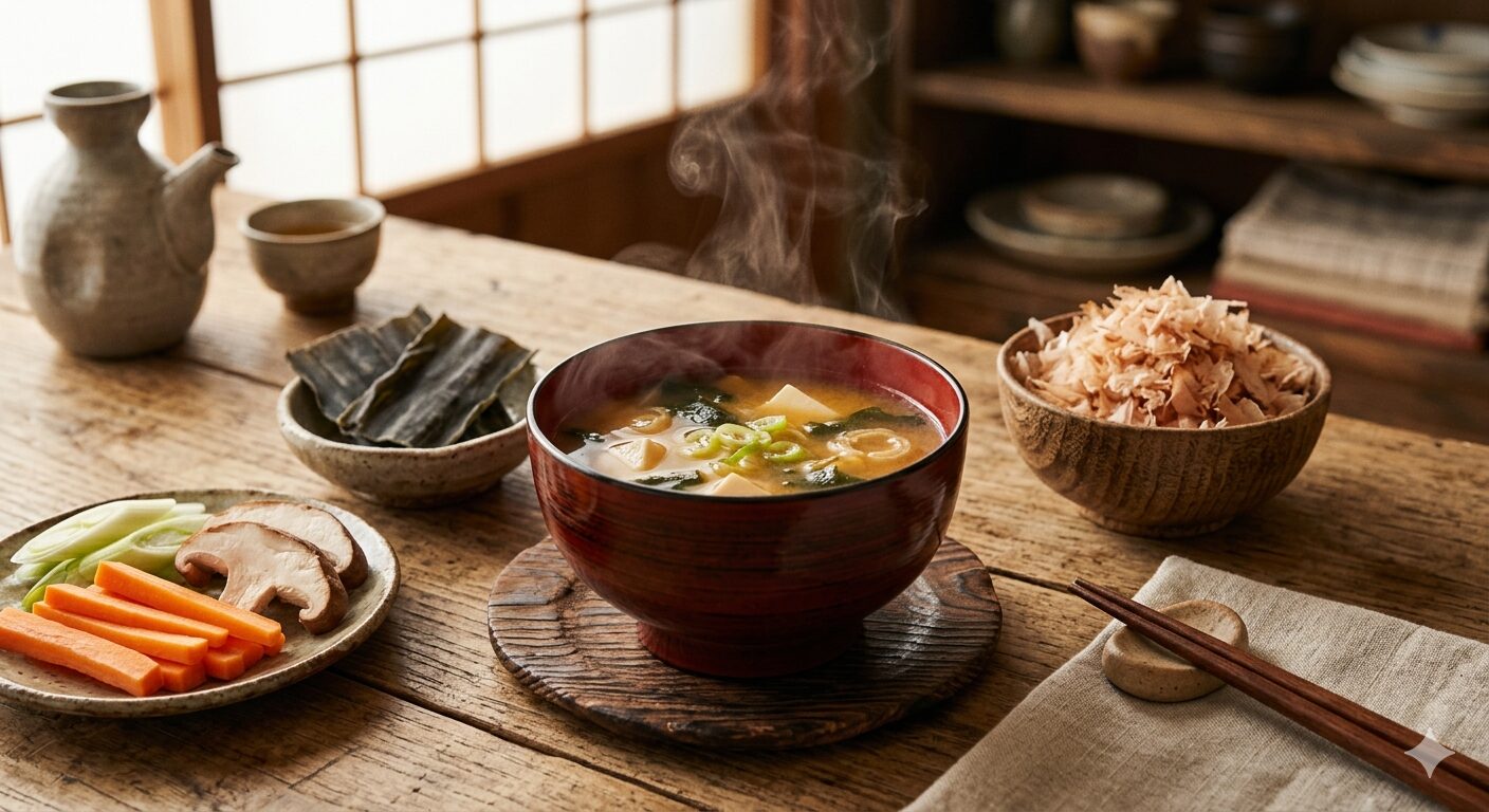 湯気の立つ味噌汁と昆布や鰹節を並べた写真です。日本のだし文化と発酵食品としての味噌汁を表現しています
