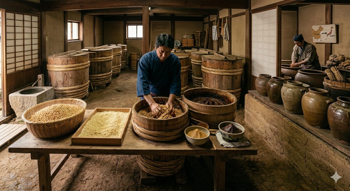 大豆と木桶の味噌を中心に、日本と中国の発酵文化のつながりを表現したイメージ
