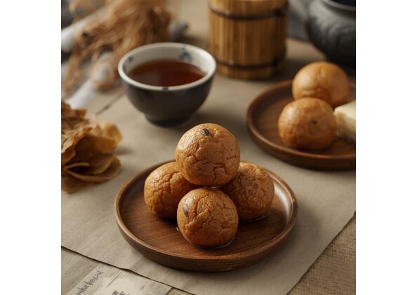 木の皿に盛られた球状の焼き味噌玉。表面に焼き色とひび割れがあり、茶器や竹の容器とともに和風の布の上に並べられている。戦国時代の携帯保存食を想起させる構成。