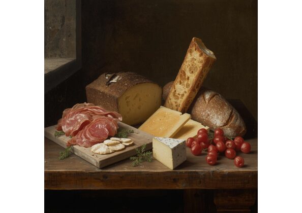 木のテーブルに並べられた中世風のパン、チーズ、塩漬け肉、ハーブ。保存性と栄養価を重視した伝統的な食文化を表現した静物構成。