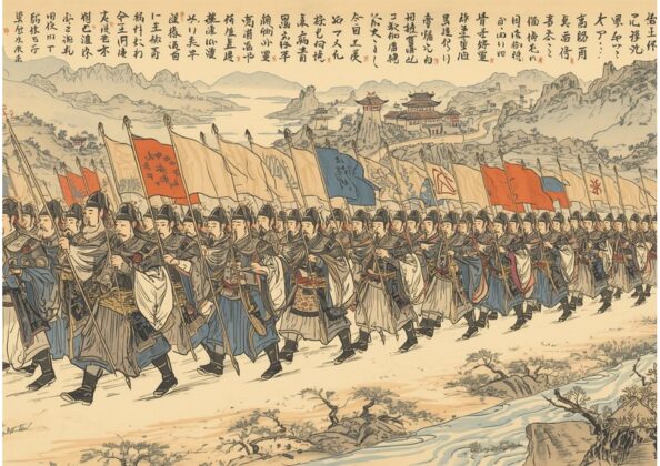 絵巻風に描かれた古代中国の兵士たちの行軍。旗を掲げ、武具を身に着けた兵士たちが山河を越えて進軍している様子。背景には宮殿や川が描かれ、上部には漢字の書が添えられている。